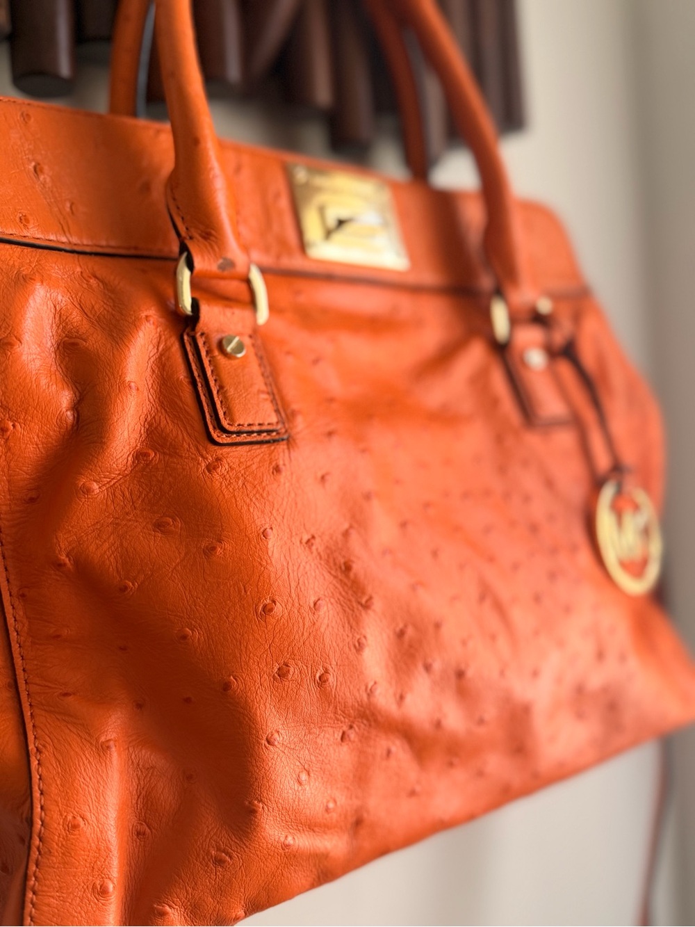 Michael Kors Astrid Bright Orange Leather Tote Satchel with MK Charm - Picture 2 of 10